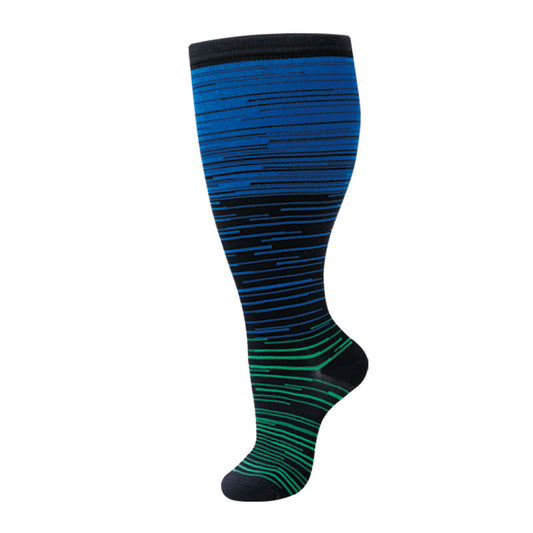 Plus Size Compression Socks Blue/Green Stripe